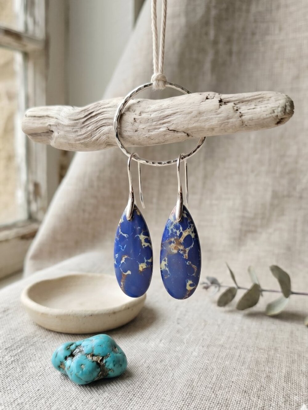 Silver Plated Blue Imperial Jasper Gold Matrix Boho Witchy Drop Earrings 2in